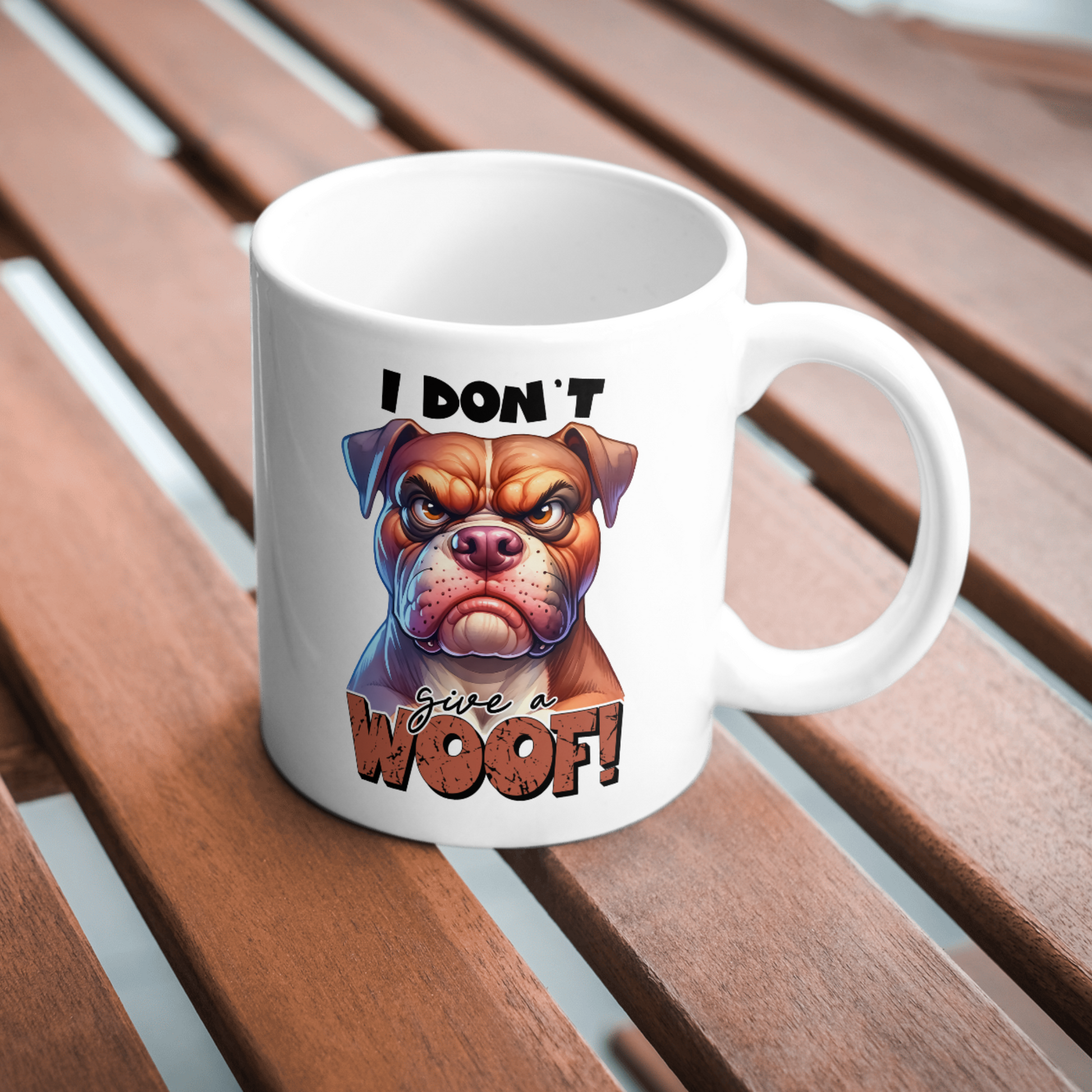 11 oz ceramic mug with a cute cartoon dog   with quote, I Don't give a woof
