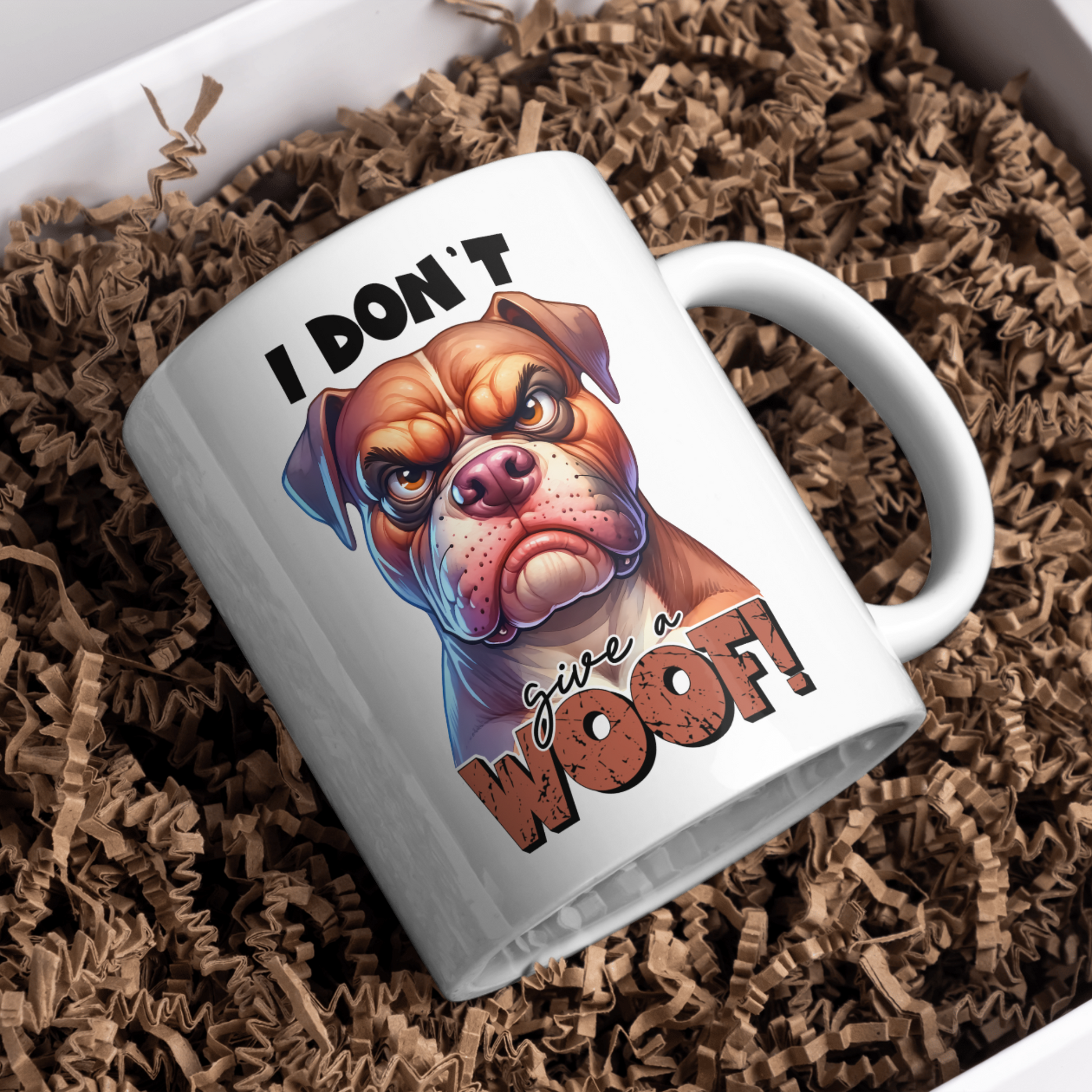11 oz ceramic mug with a cute cartoon dog   with quote, I Don't give a woof