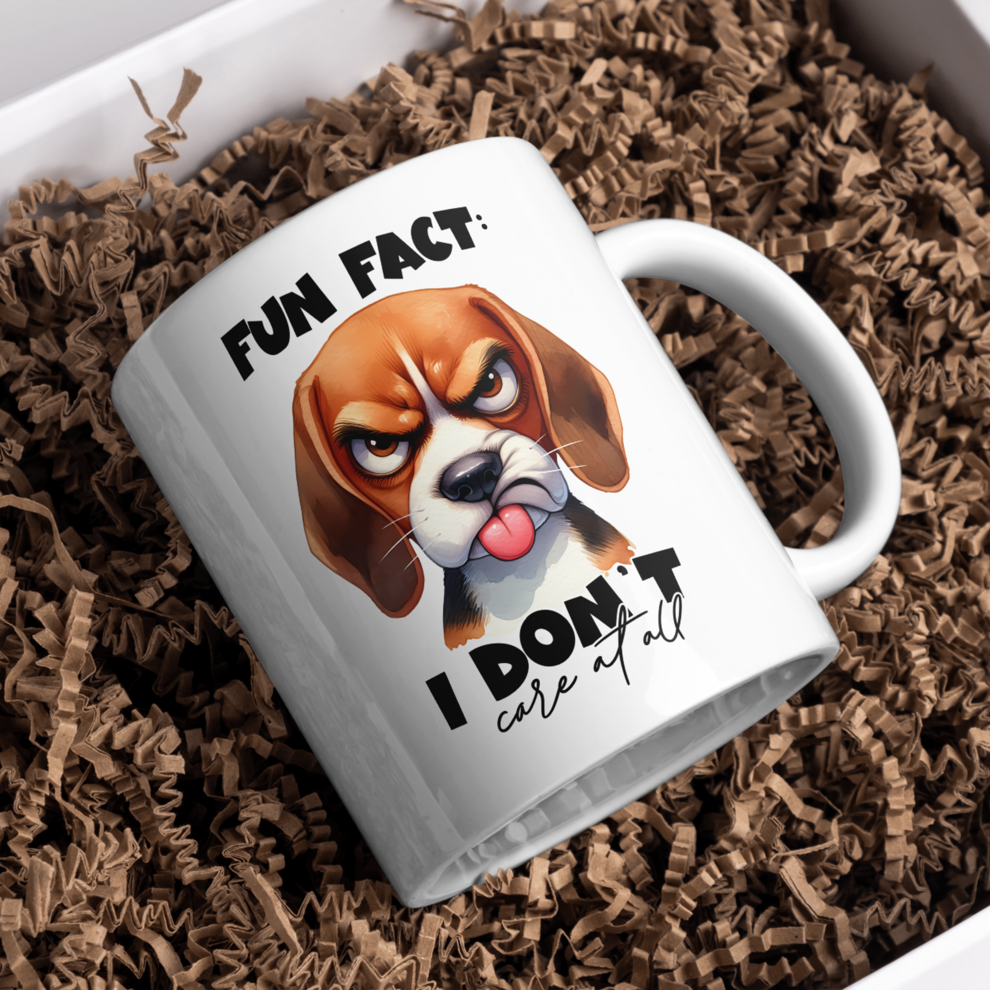 11 oz ceramic mug with a cute cartoon dog   with tongue out and quote Fun Fact, I Dont Care at all. 