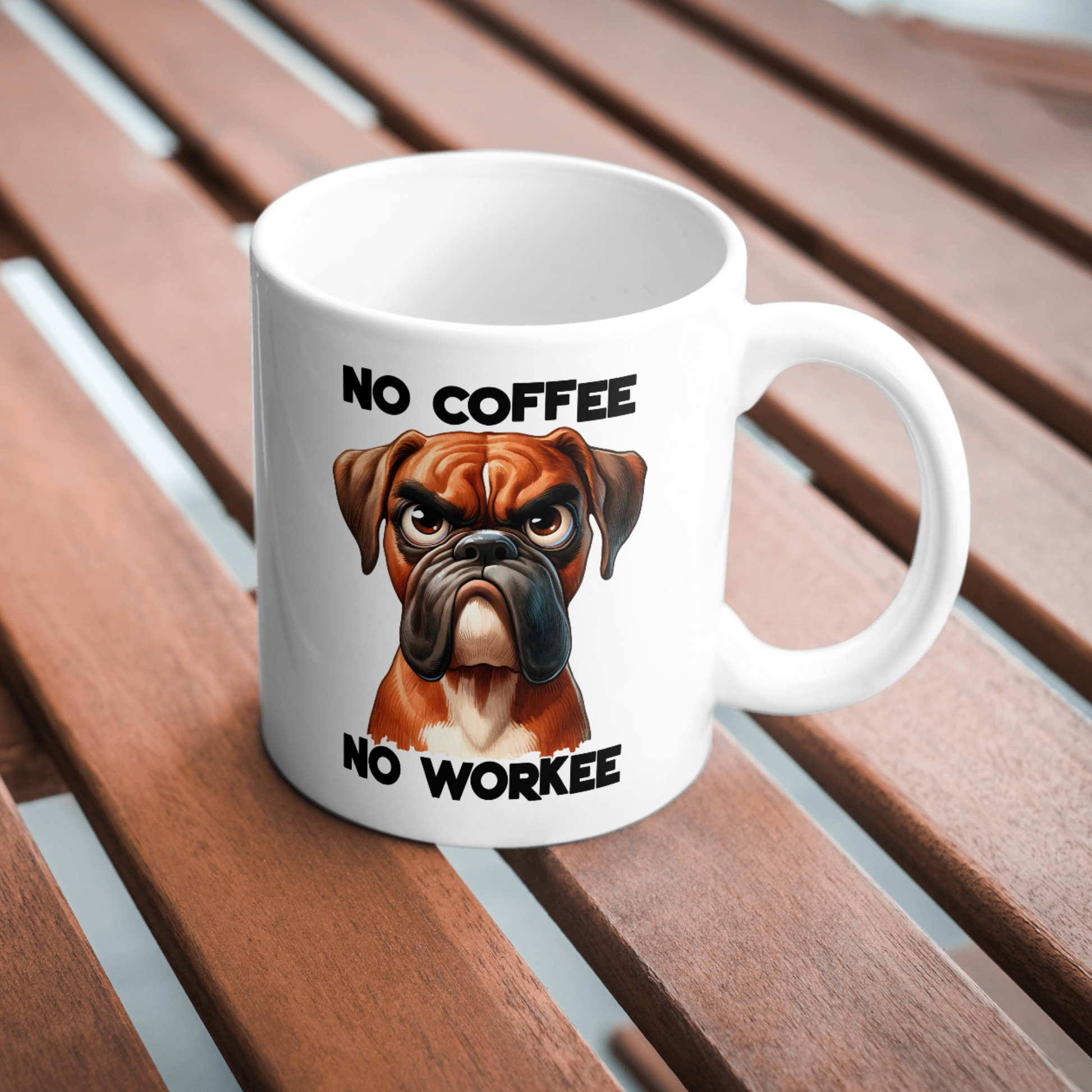 11 oz ceramic mug with a cute cartoon dog   with quote, No Coffee, No Workee