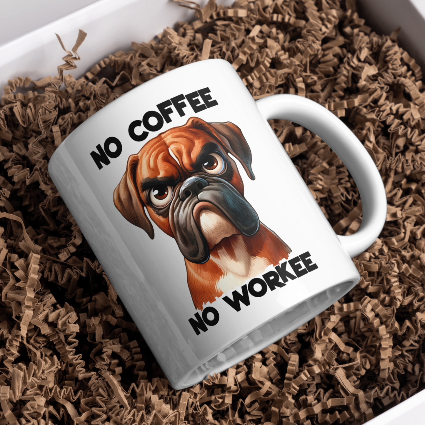 11 oz ceramic mug with a cute cartoon dog   with quote, No Coffee, No Workee