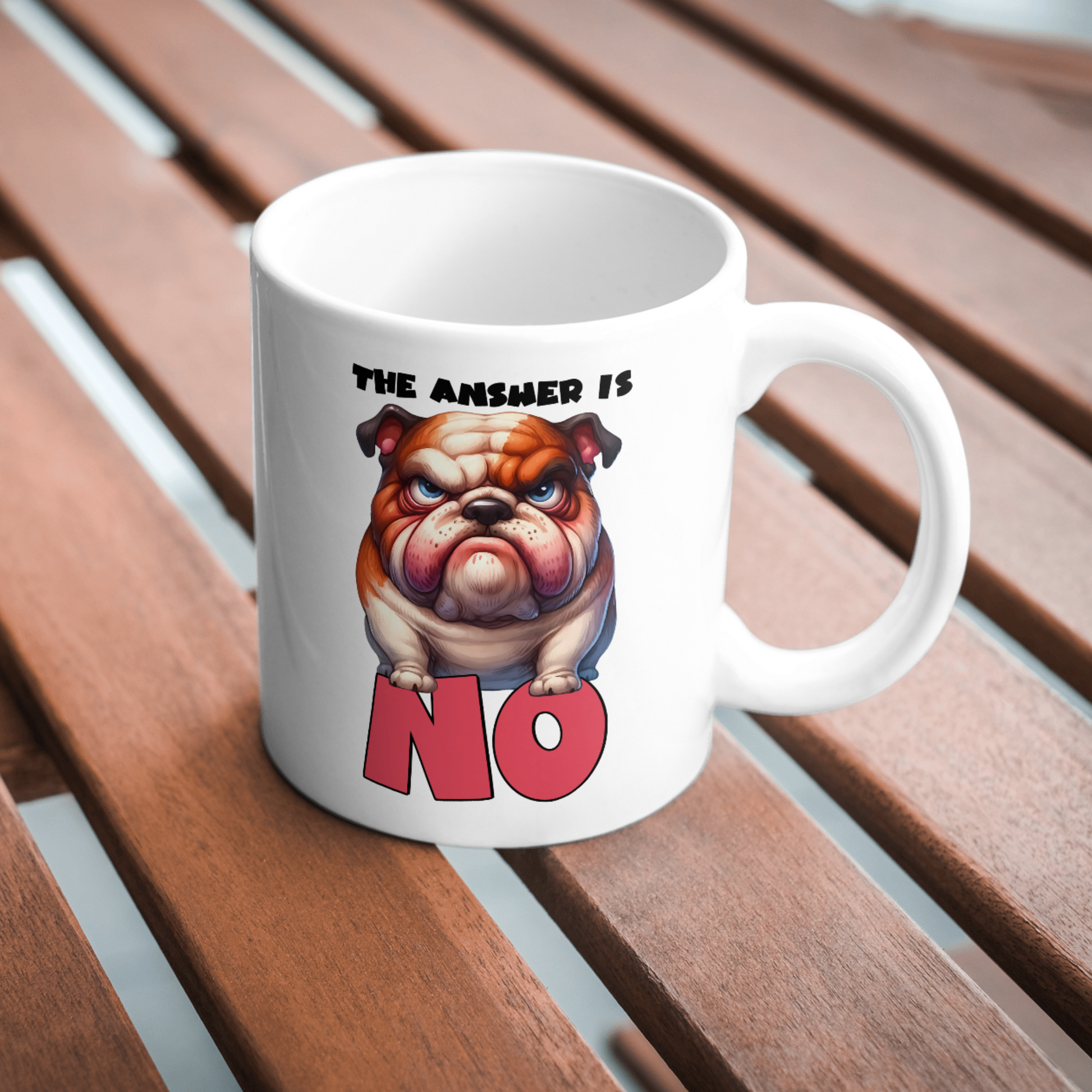 11 oz ceramic mug with a cute cartoon dog   with quote, The Answer is No