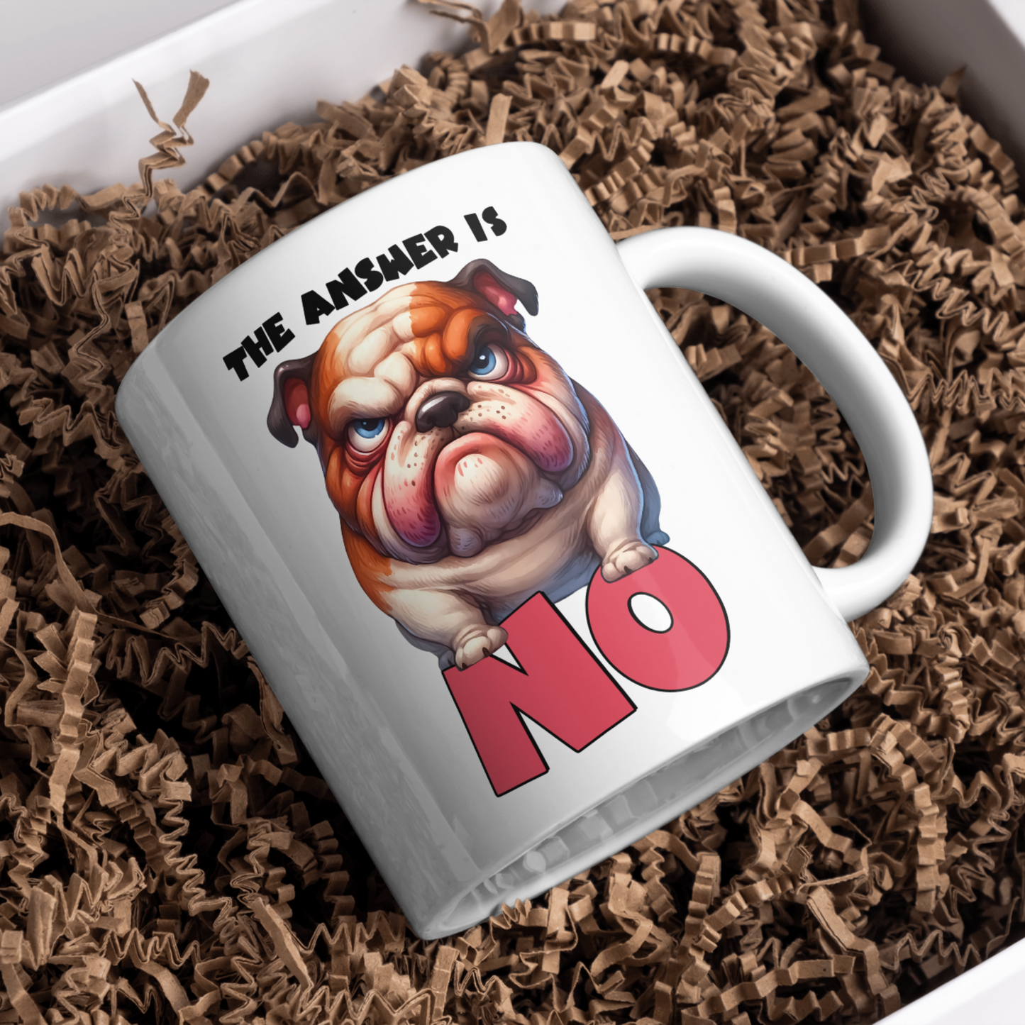 11 oz ceramic mug with a cute cartoon dog   with quote, The Answer is No