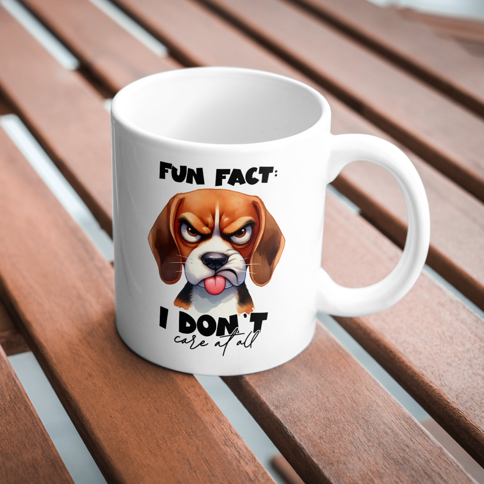 11 oz ceramic mug with a cute cartoon dog   with tongue out and quote Fun Fact, I Dont Care at all. 